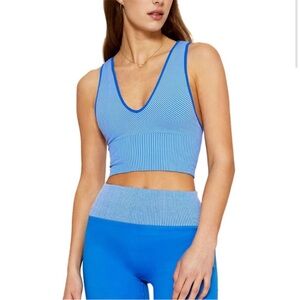 Cream Yoga Summer Contrast Ribbed V Neck Royal Blue Sport Bra Top Size M/L